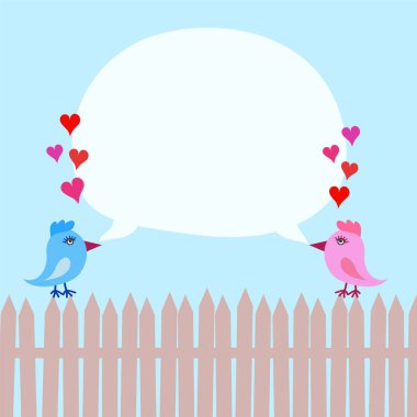 Pembe ve Mavi kuşlar üzerinde çit ile kalpleri ve konuşma balonu ober 