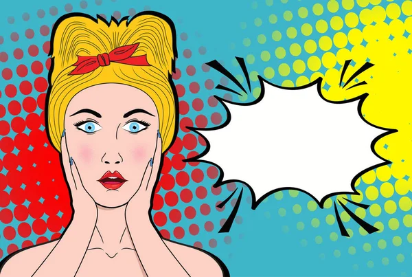 Cara feminina de pop art. sexy surpreendido jovem mulher com aberto mo — Vetor de Stock