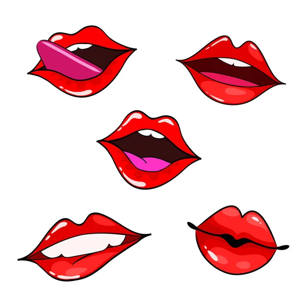 女性嘴唇设置。嘴里有一个吻, 微笑, 舌头, 牙齿。矢量 — 图库矢量图片