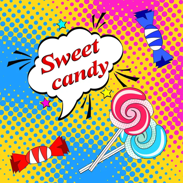 流行艺术背景与棒糖和糖果和语音泡沫 — 图库矢量图片