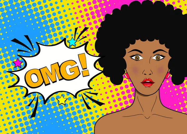 Cara femenina de arte pop. Sexy sorprendida joven mujer africana con — Vector de stock