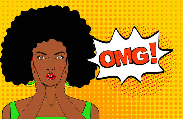 Wow pop art female face. Sexy surprised young african woman with
