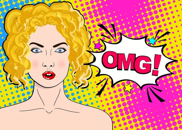 Sexy Překvapení Blondýna Pop Art Žena Doširoka Otevřené Oči Ústa — Stockový vektor