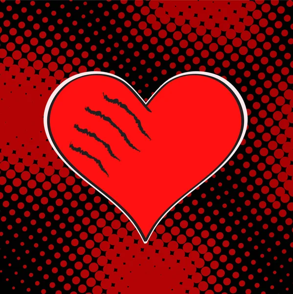 Gewonde liefde rood hart op Black dot achtergrond. Popart retro vec — Stockvector