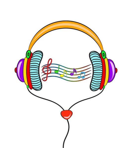 Auriculares cómicos dibujados a mano y notas de color sobre fondo blanco . — Vector de stock