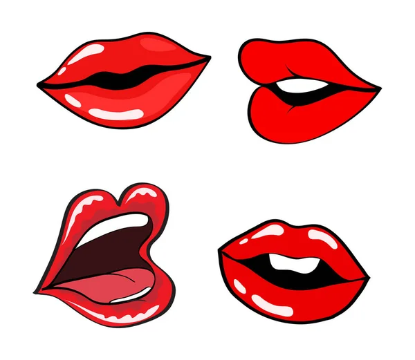 Kadın dudaklar ayarlayın. Bir öpücük, gülümseme, dil, diş ağzıyla. Vektör — Stok Vektör