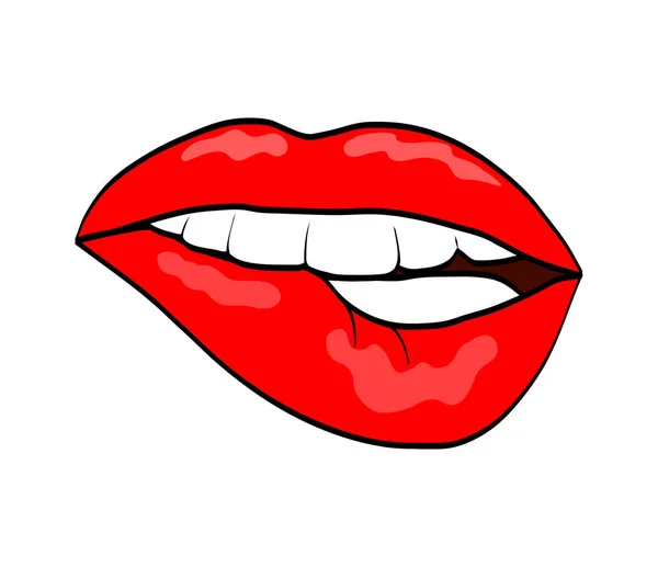 Labios rojos mordiendo retro arte pop cómic icono de estilo aislado en blanco — Vector de stock
