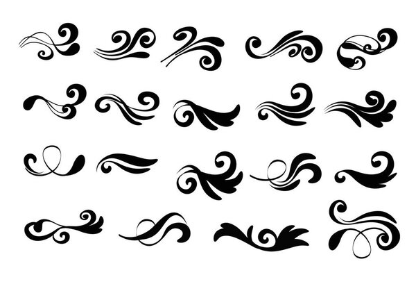 Swirly line curl patterns isolated on white background. Vector f