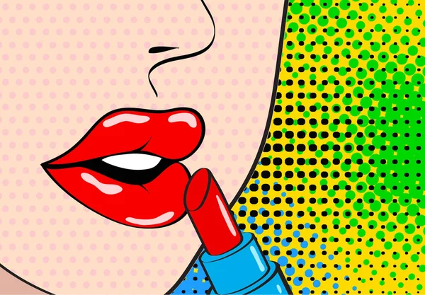 Maquillaje de arte pop. Primer plano de la boca femenina abierta sexy y lipsti rojo — Vector de stock