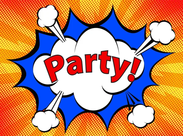 ドットの背景に「パーティー!」ふきだし内の Pop アート レトロ漫画のアイコン — ストックベクタ