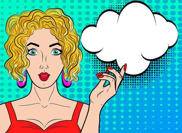 Wow pop art female face. Sexy surprised young woman with open mo