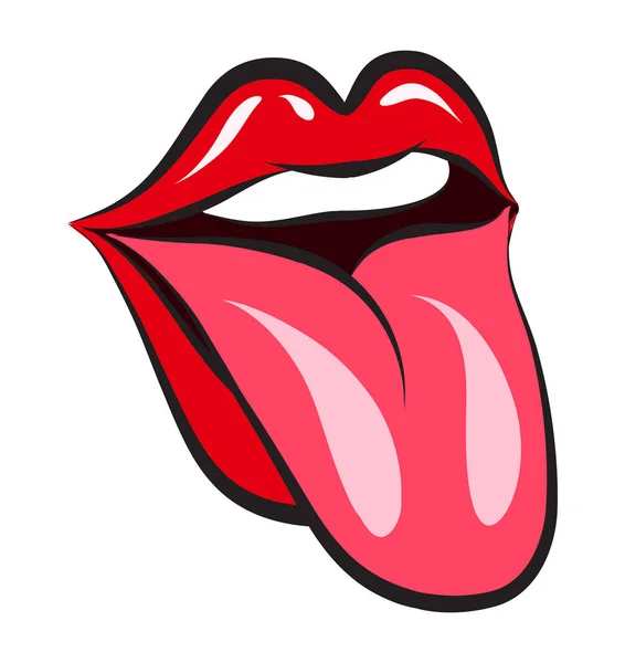 Γυαλιστερό κόκκινο γυναίκα τα χείλη με τη γλώσσα σε λευκό φόντο. Il διάνυσμα — Διανυσματικό Αρχείο