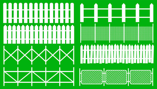 Rural wooden fences, pickets vector. White silhouettes fence for