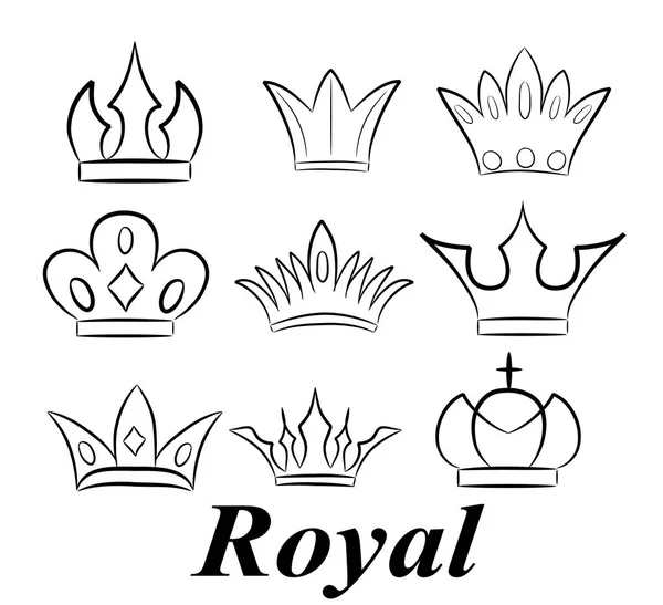 Corona dibujada a mano logotipo y colección de iconos — Vector de stock