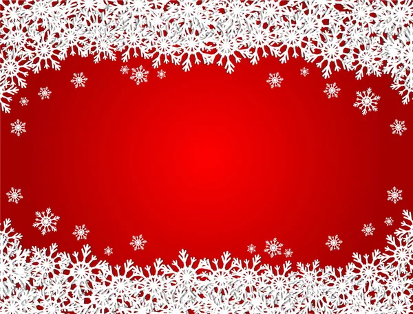 Red Merry Christmas background with many white paper snowflakes, — Stock Vector