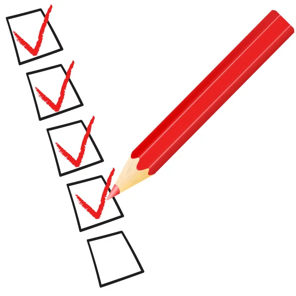 Símbolo de marca de seleção vetorial e ícone na lista de verificação vermelha com caneta para —  Vetores de Stock