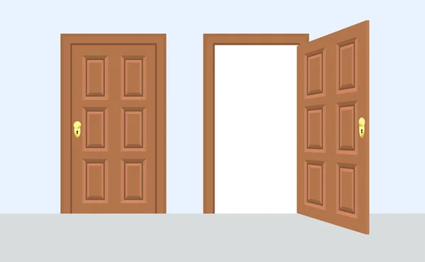 Puerta abierta y cerrada frente a la casa. Entrada abierta de madera con brillo — Vector de stock