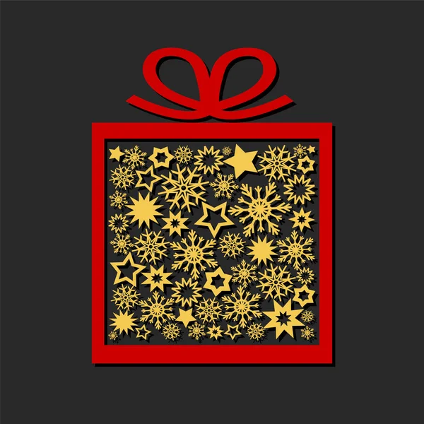 Κουτί δώρου με χρυσά αστέρια και χιονονιφάδες σε σκούρο φόντο, μου — Διανυσματικό Αρχείο