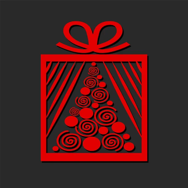 Caixa de presente com árvore de Natal vermelho no fundo escuro, chris alegre —  Vetores de Stock