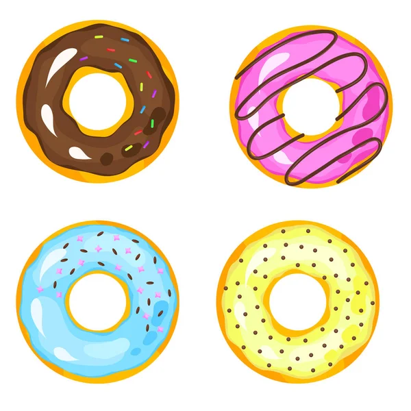 Dulces rosquillas de azúcar vidriada. Vector papas fritas pastelería donut iconos w — Vector de stock