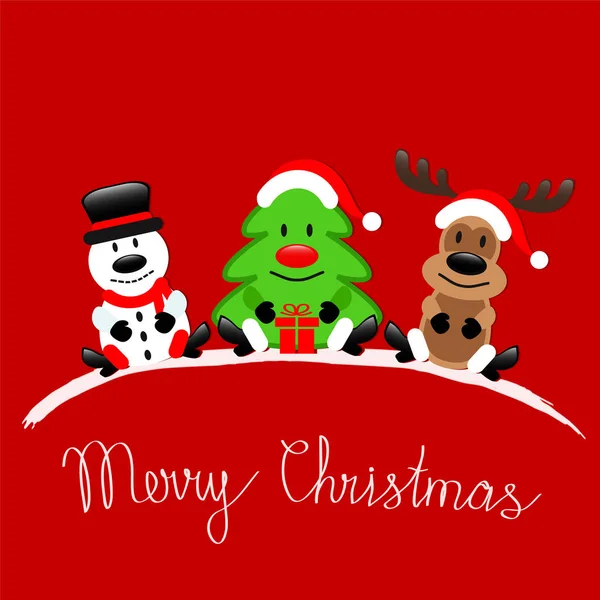 Merry Christmas Wenskaart Met Rendieren Snowman Kerstboom Zittend Rode Achtergrond — Stockvector