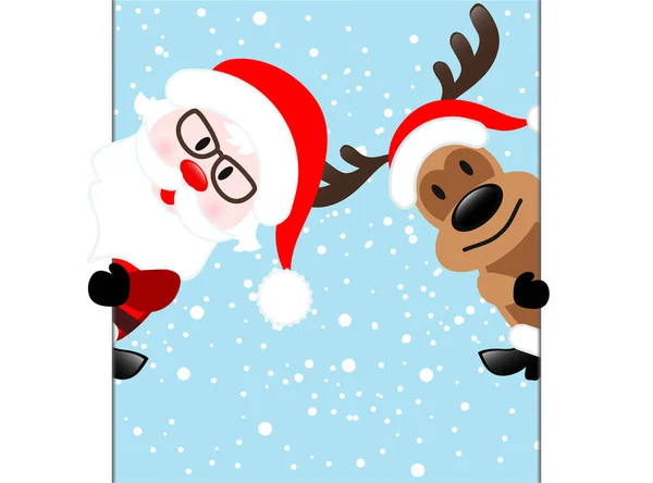 Reindeer & Santa Claus Diagonal Banner on Blue Snow Background, — Stock Vector