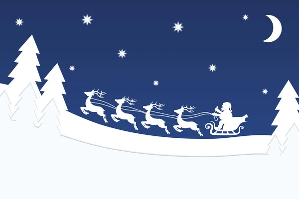 Weihnachtsmann fliegt mit Rentieren über Weihnachtsnacht Wald blauer Stern — Stockvektor