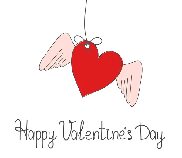 Tarjeta de felicitación Feliz Día de San Valentín con el corazón y las alas en whit — Archivo Imágenes Vectoriales
