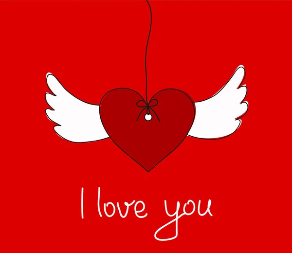 Jag älskar dig gratulationskort med hängande hjärta & vingar, lager vecto — Stock vektor