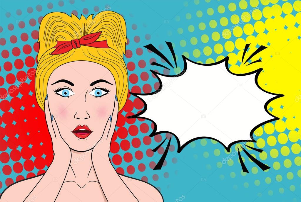 Wow pop art female face. Sexy surprised young woman with open mo