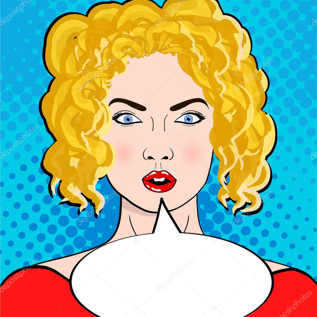 Wow pop art female face. Sexy surprised young woman with open mo