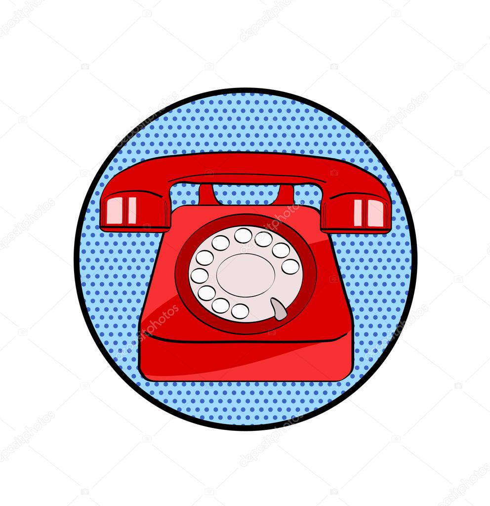 Red old phone icon in pop art retro comic style on white backgro