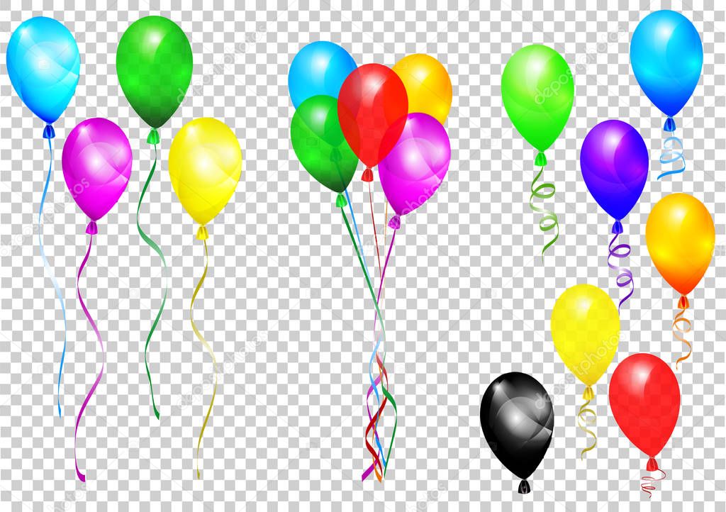 Bunches and groups of colorful helium balloons isolated on trans