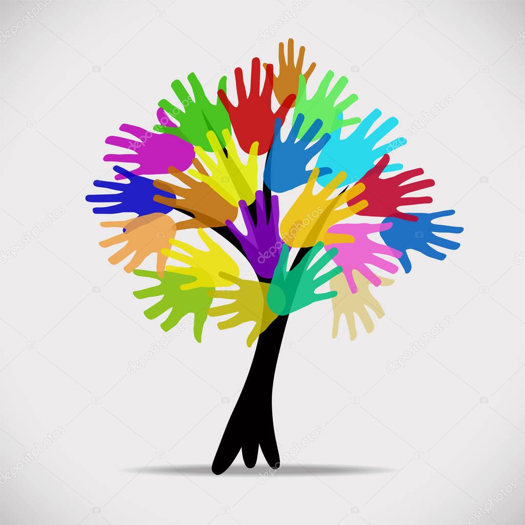 Tree with multicolor hands, stock vector logo illustration