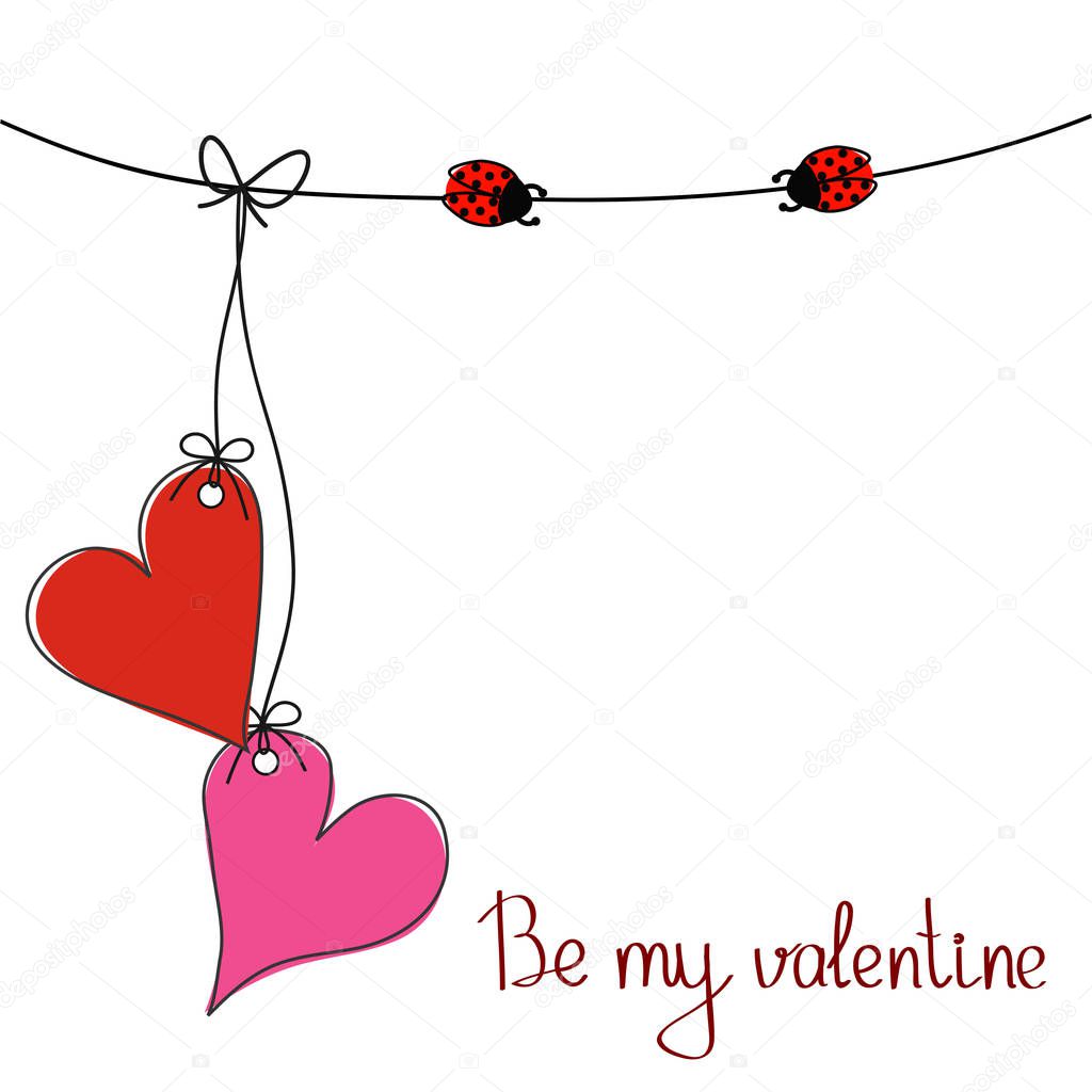 Be my valentine greeting card for St. Valentine's Day with two hanging hearts on the rope and two ladybugs, stock vector illustration