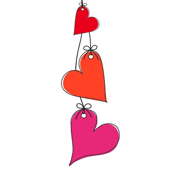 Drie rode en roze hartjes op het touw op wit, Valentijnsdag gree — Stockvector