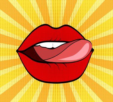 Nokta ve soyulmuş pop art comic stili adam tatlı kırmızı dudaklar