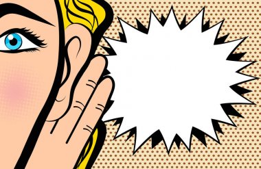 Kadın elini kulak ve pop art comic arpacık dinleme yakın tutar