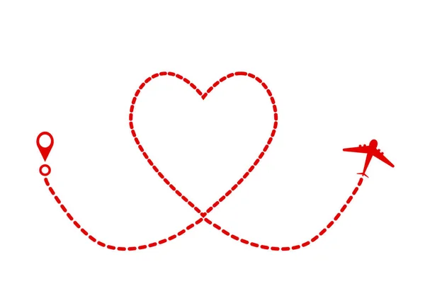红色飞机和轨道作为心脏标志, 情人节贺卡 — 图库矢量图片