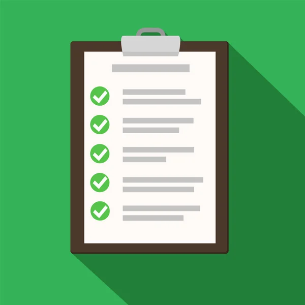 Clipboard with checklist on green. Flat illustration of clipboar