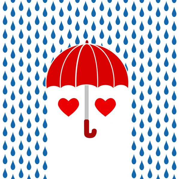 Dos corazones rojos bajo paraguas rojo en la lluvia, el saludo del día de Valetine — Archivo Imágenes Vectoriales