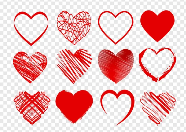 Sada červených srdcí pro valentinky den na průhledném pozadí — Stockový vektor