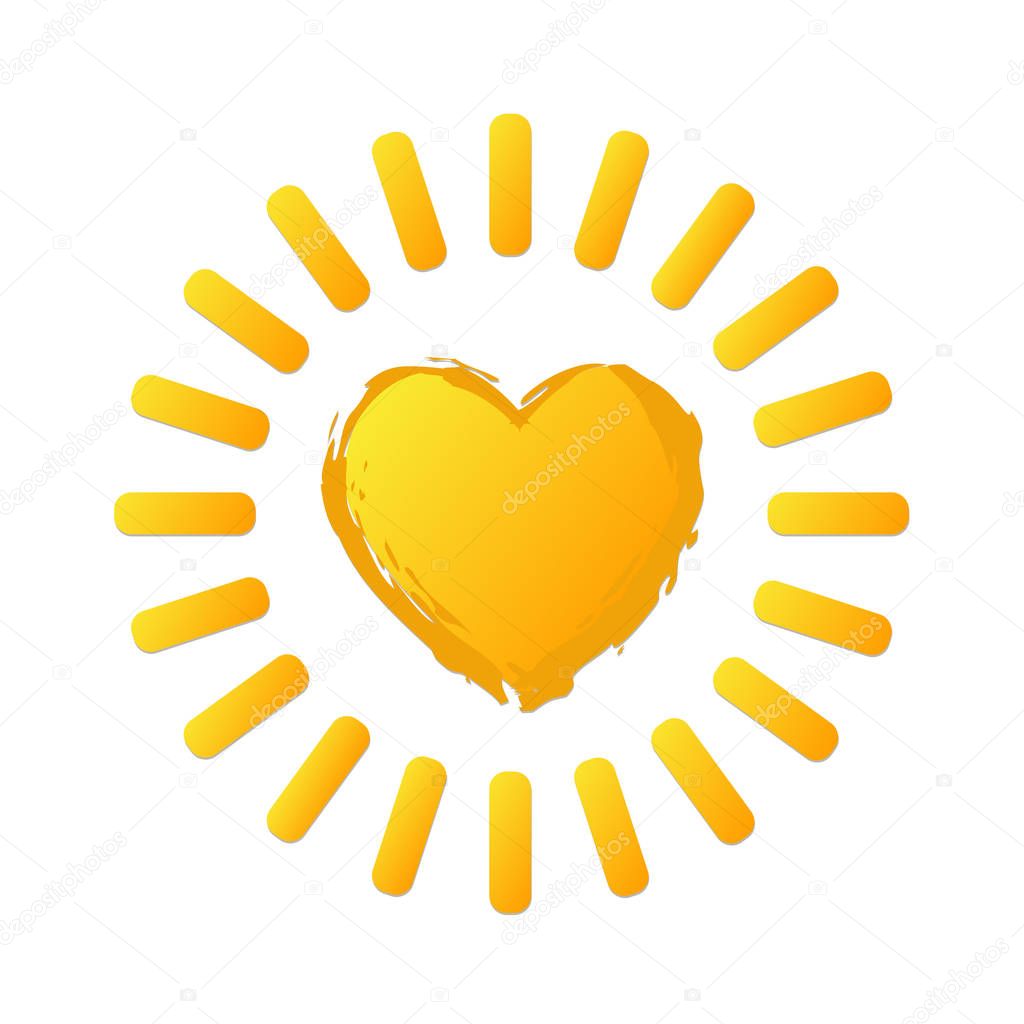 Yellow bright sun icon in heart shape on white. Stock vector ill