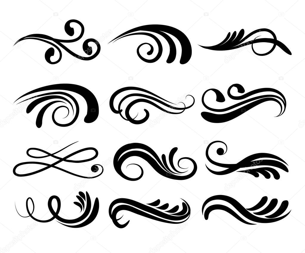 Swirly line curl patterns isolated on white background. Vector f