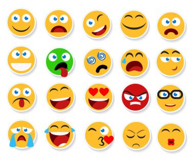 Vektör gülümsüyor, ifadeler ve emojis minimalist içinde büyük set