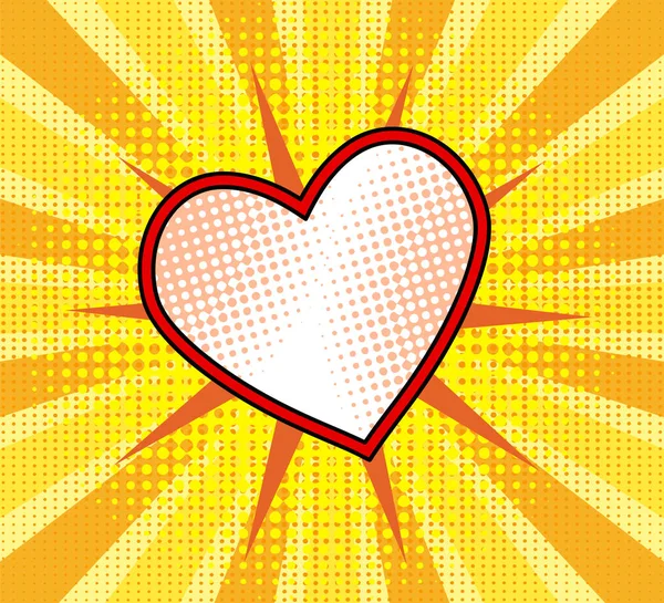 Rotes Herz mit Punkt auf gelb gestreiftem Hintergrund in Pop-Art-Retro — Stockvektor