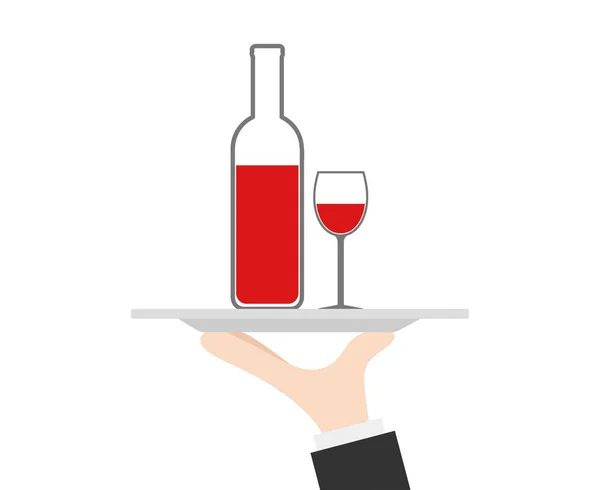 Bandeja de camarero en la mano con botella de vino y vidrio, vector de stock — Vector de stock