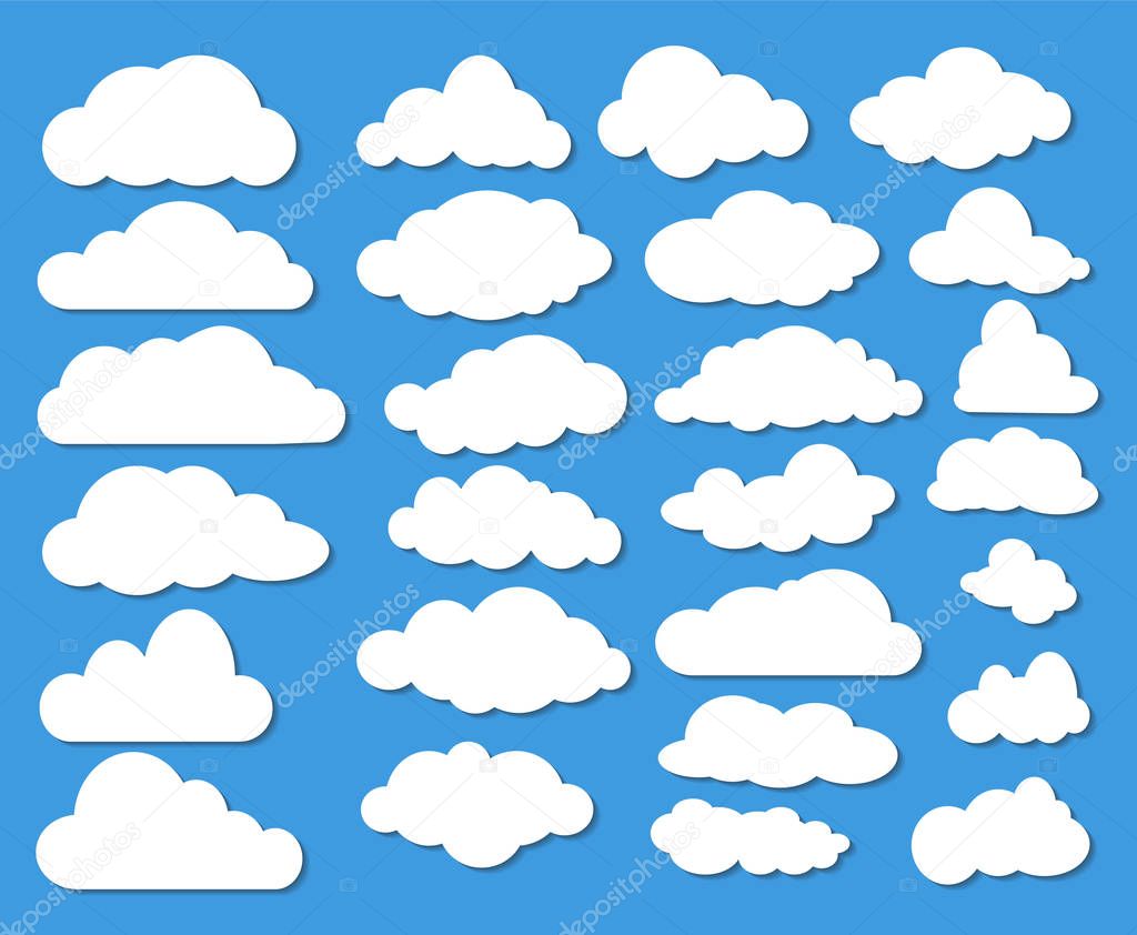 Set of Many White Clouds with Shadow on Blue Sky. Stock Vector I