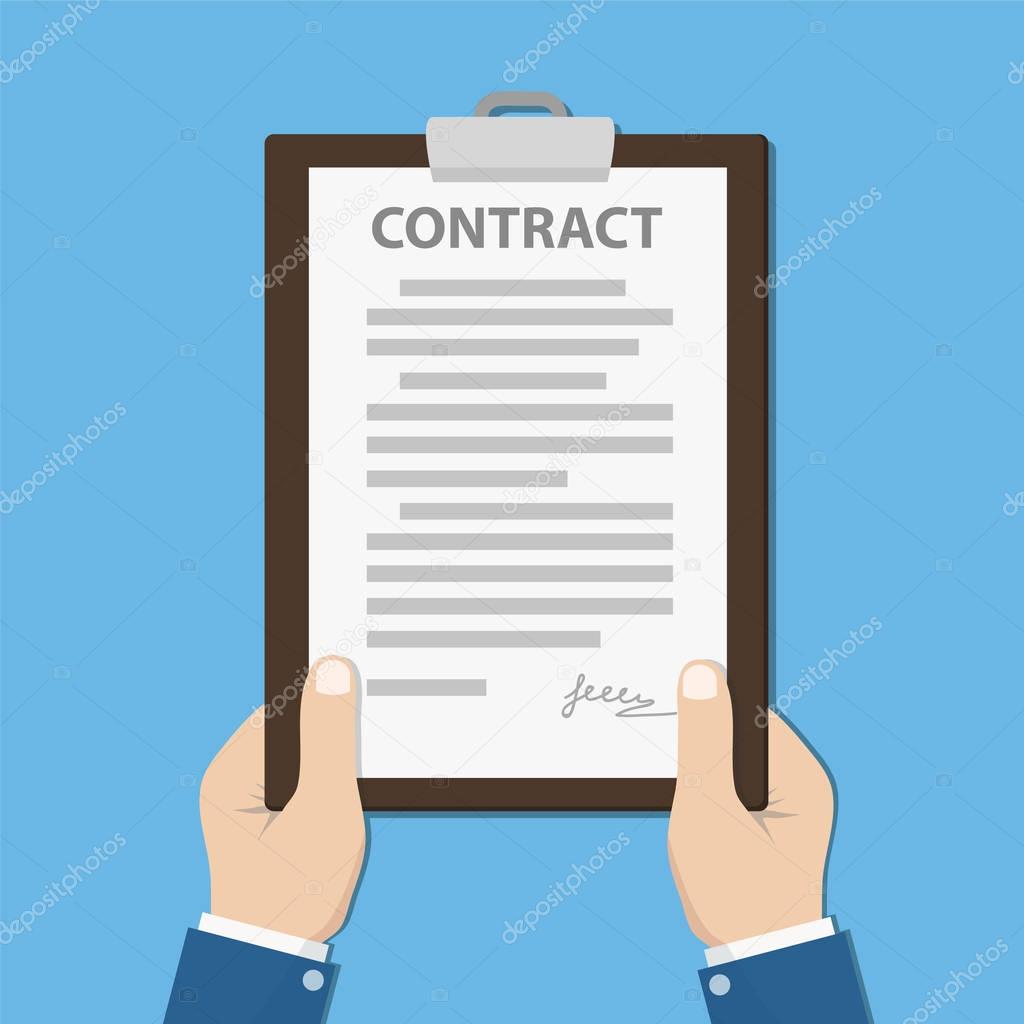 Clipboard with contract in hands businessman. Stock vector illus