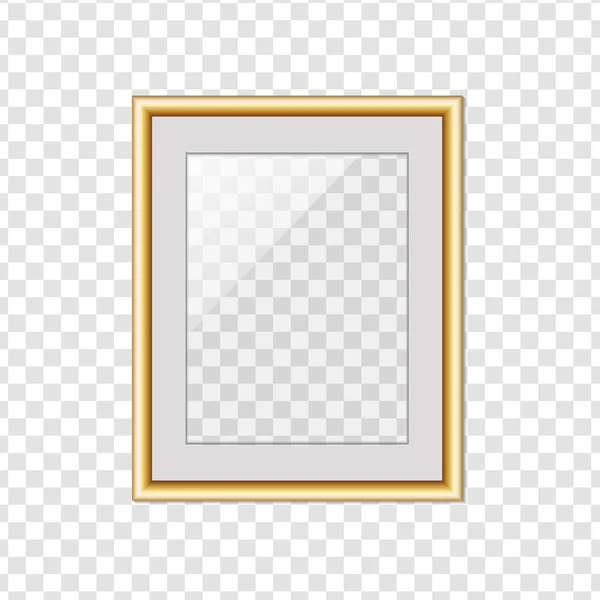 Cuadro dorado o marco de fotos con vidrio aislado en transparente — Vector de stock